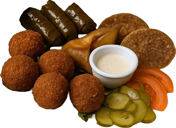 Falafels, feuilles de vigne et crudités